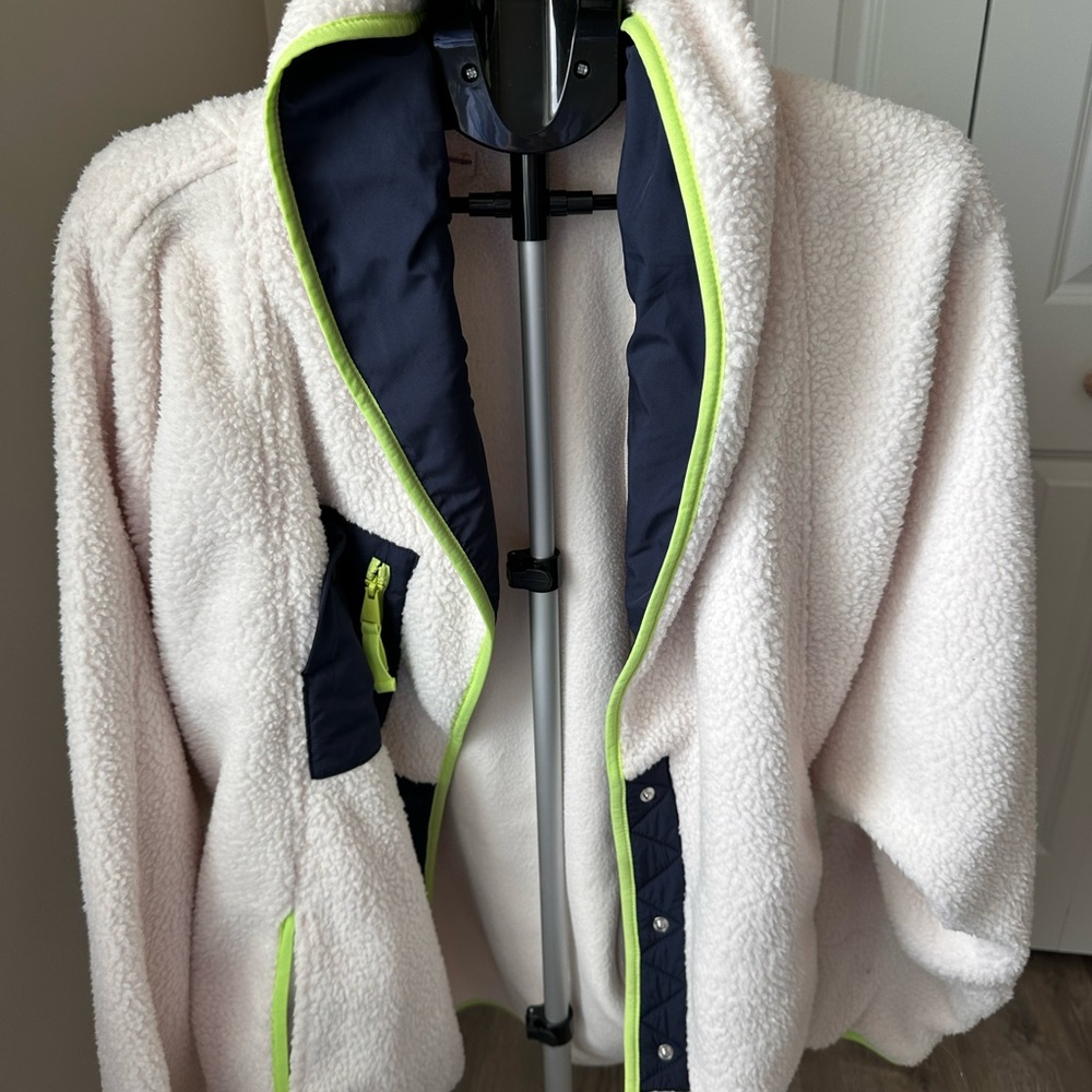 We The Free White and Navy Sherpa Jacket with Neon Trim